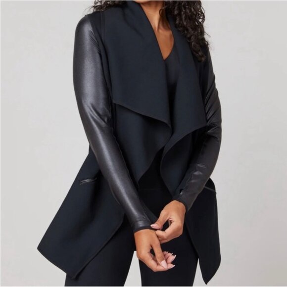 SPANX Jackets & Blazers - Spanx Drape Front Faux Leather Convertible Jacket Black Ponte Size Medium NWT